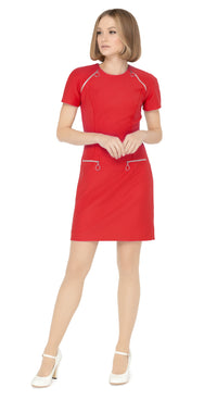 Our stunning fitted sixties dress in knock ‘em dead red. Functional front pockets keeping your hands free and matching retro loop zip shoulder detailing for attentive to style continuity. The short sleeves and rounded neck provide a comfortable and flattering fit.