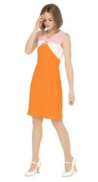 This gorgeous, sixties style dress is a perfect fit for springtime occasions. The fitted silhouette, sleeveless design, and structured pale pink shoulder panels lead to a white band and an orange body. The dress also features a feminine cutout with a dainty bow, and a v-neckline. Fully lined for comfort, this dress is sure to turn heads with its choice of flattering feminine details and easy to pair to color scheme.