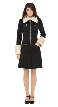 1960s Style Coat with Detachable Faux Fur: Black