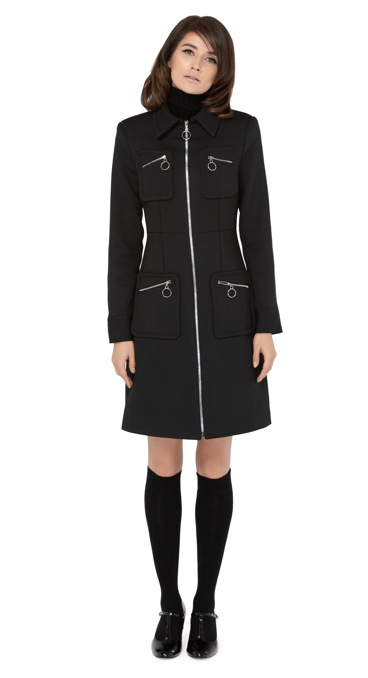 1960s Style Coat with Detachable Faux Fur: Black