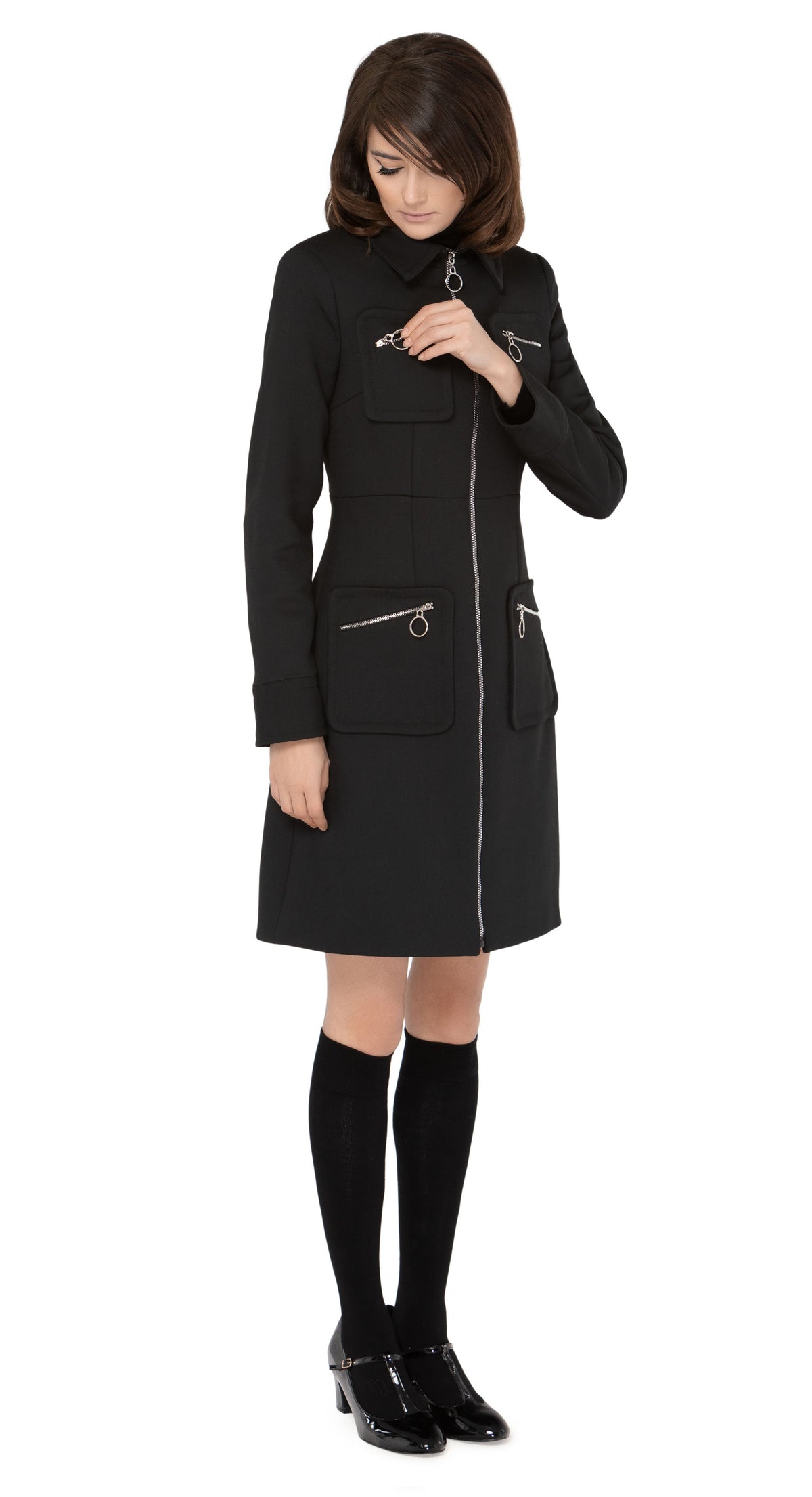 1960s Style Coat with Detachable Faux Fur: Black