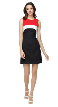 Sleeveless, tri-colour, A-line dress with descending wrap around colour banding from the neck and chest. Can be worn confidently on a big night out when matched with heels, or comfortably cool and casual when dressed down with kicks or flats.  Choose bespoke for custom sizing, capped or short sleeve and/or to alternate hem length or colour palette.