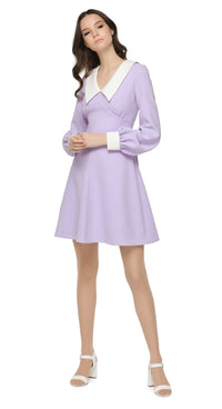 1970s style flared lavender party dress with large dramatic white collar and slightly puff sleeve at the cuff. A light big night out look dressed up with heels or down with kicks. Fully lined with invisible back zipper.