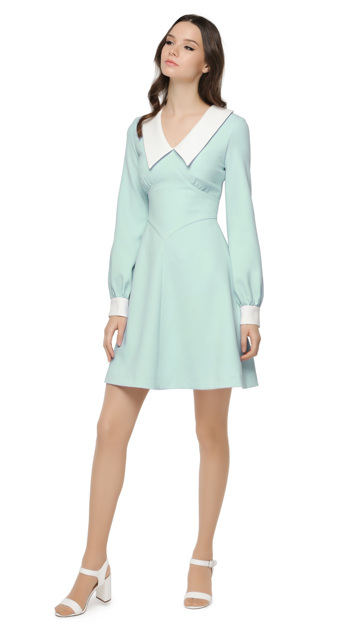 1970s style flared lavender party dress with large dramatic white collar and slightly puff sleeve at the cuff. A light big night out look dressed up with heels or down with kicks. Fully lined with invisible back zipper.