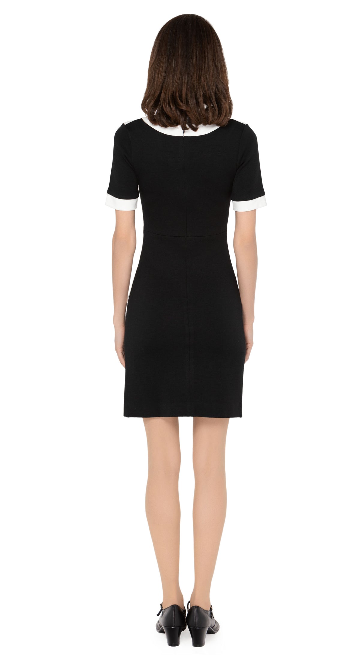 Italian medium-weight fitted wool jersey two tone dress with dramatic Atari detailing across the front torso. Detailing with a classic trim neckline and short sleeves.  Choose bespoke to alternate sleeve and hem length.