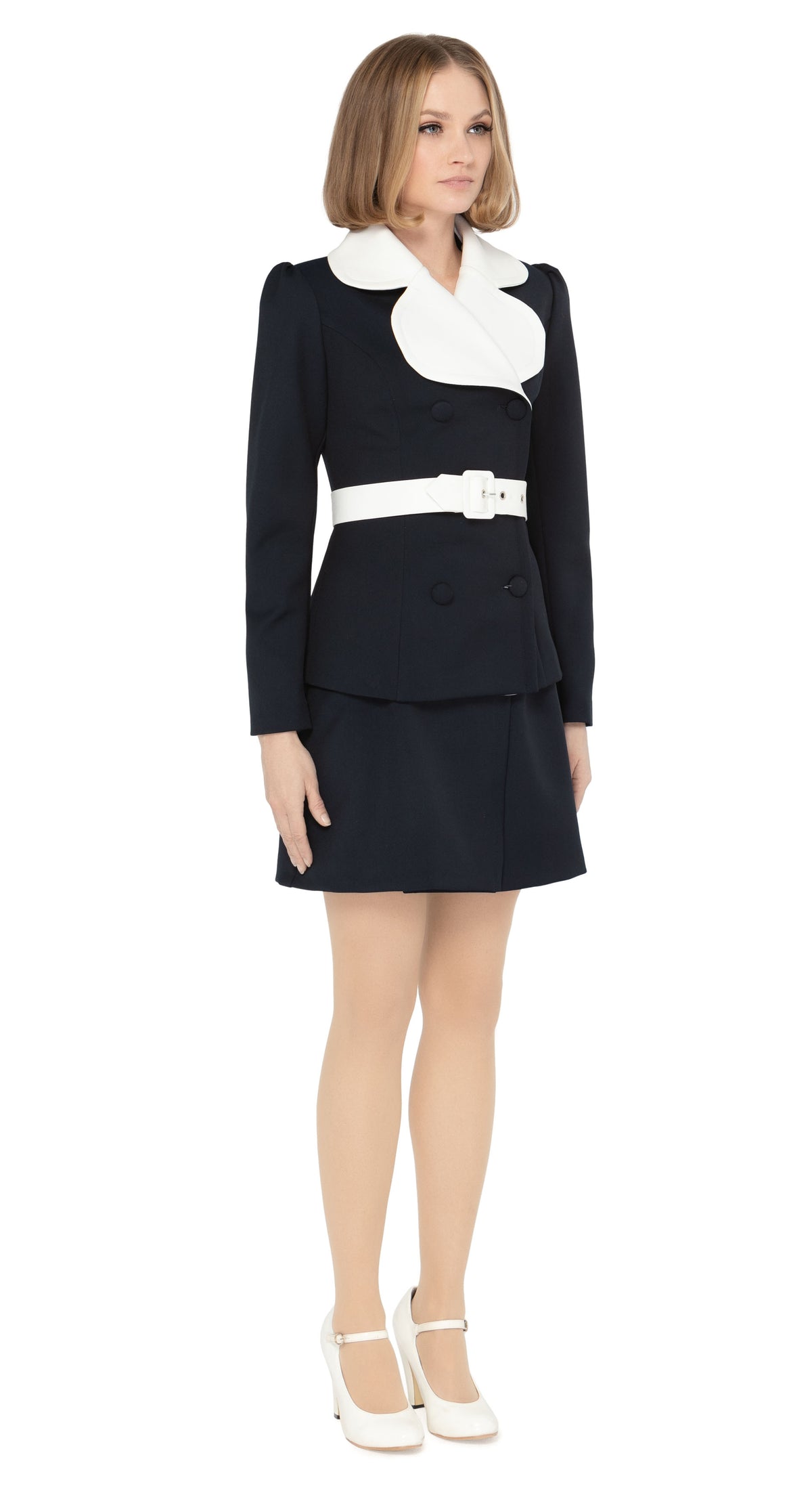 MARMALADE Retro Style Navy-blue Jacket with White Rounded Oversized Collar