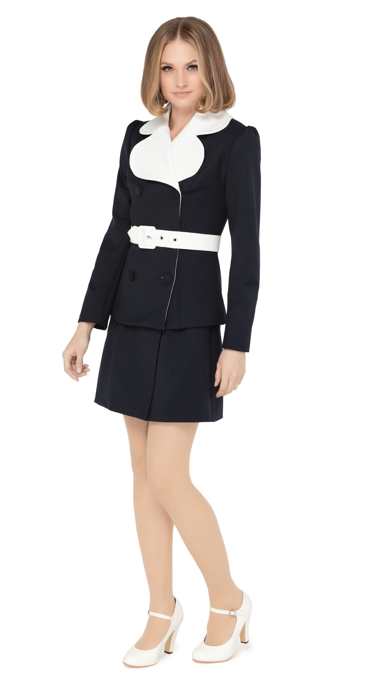 MARMALADE Retro Style Navy-blue Jacket with White Rounded Oversized Collar