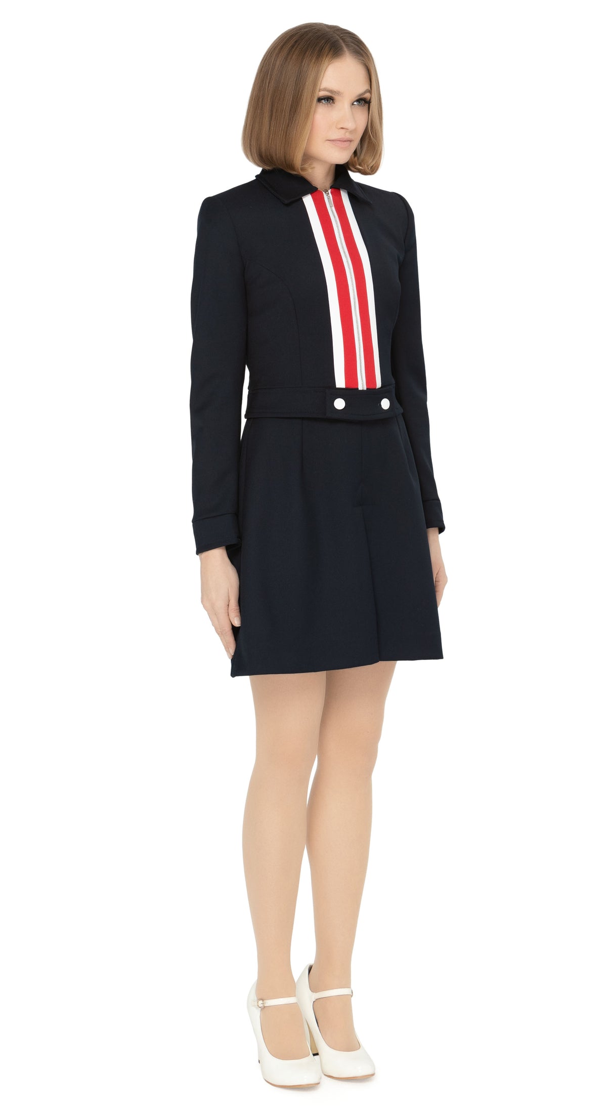 The perfect matching jacket for our sophisticated Mod Style Navy-Blue/Red/White Zippered Dress with Stripes or our Mod Style Navy-Blue/Red/White Zippered Skirt with Stripes. Crafted from the same Italian mill fabric as the dress and skirt, ensuring the perfect match in both color and texture. With a tailored fit and unique front zippered torso, this jacket perfectly complements the dress and skirt silhouette and detailing.