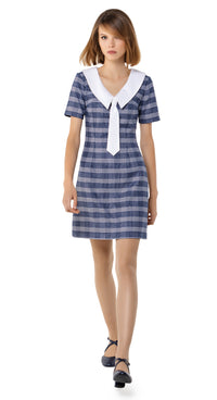 Sixties plaid uniform a-line dress with nautical style collar and detachable white decorative tie. An effortlessly impacting style from office to after hours.   Choose bespoke for made to measure sizing and customization.