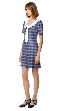 Sixties plaid uniform a-line dress with nautical style collar and detachable white decorative tie. An effortlessly impacting style from office to after hours.   Choose bespoke for made to measure sizing and customization.