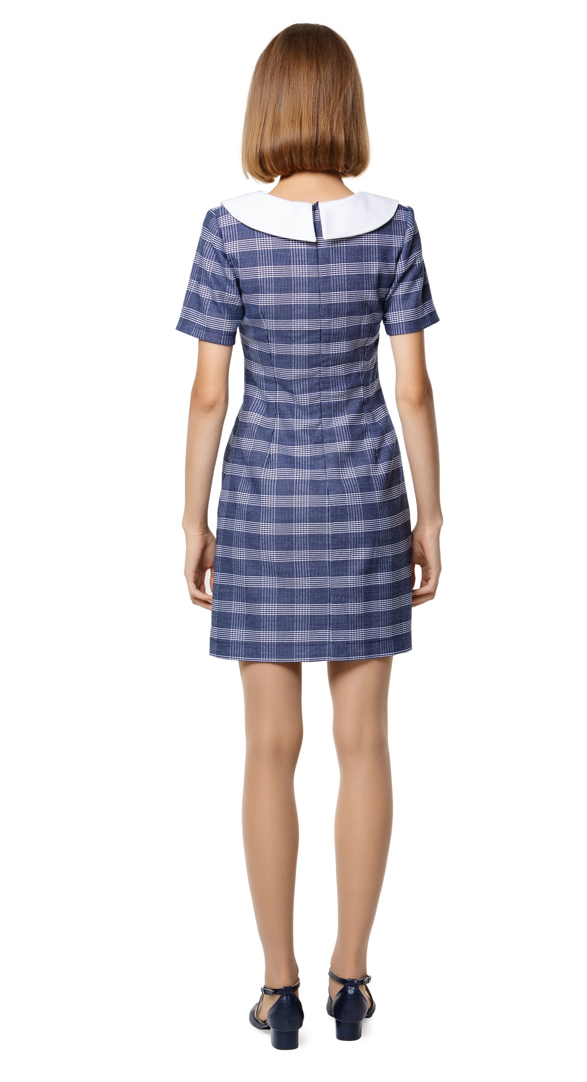 Sixties plaid uniform a-line dress with nautical style collar and detachable white decorative tie. An effortlessly impacting style from office to after hours.   Choose bespoke for made to measure sizing and customization.
