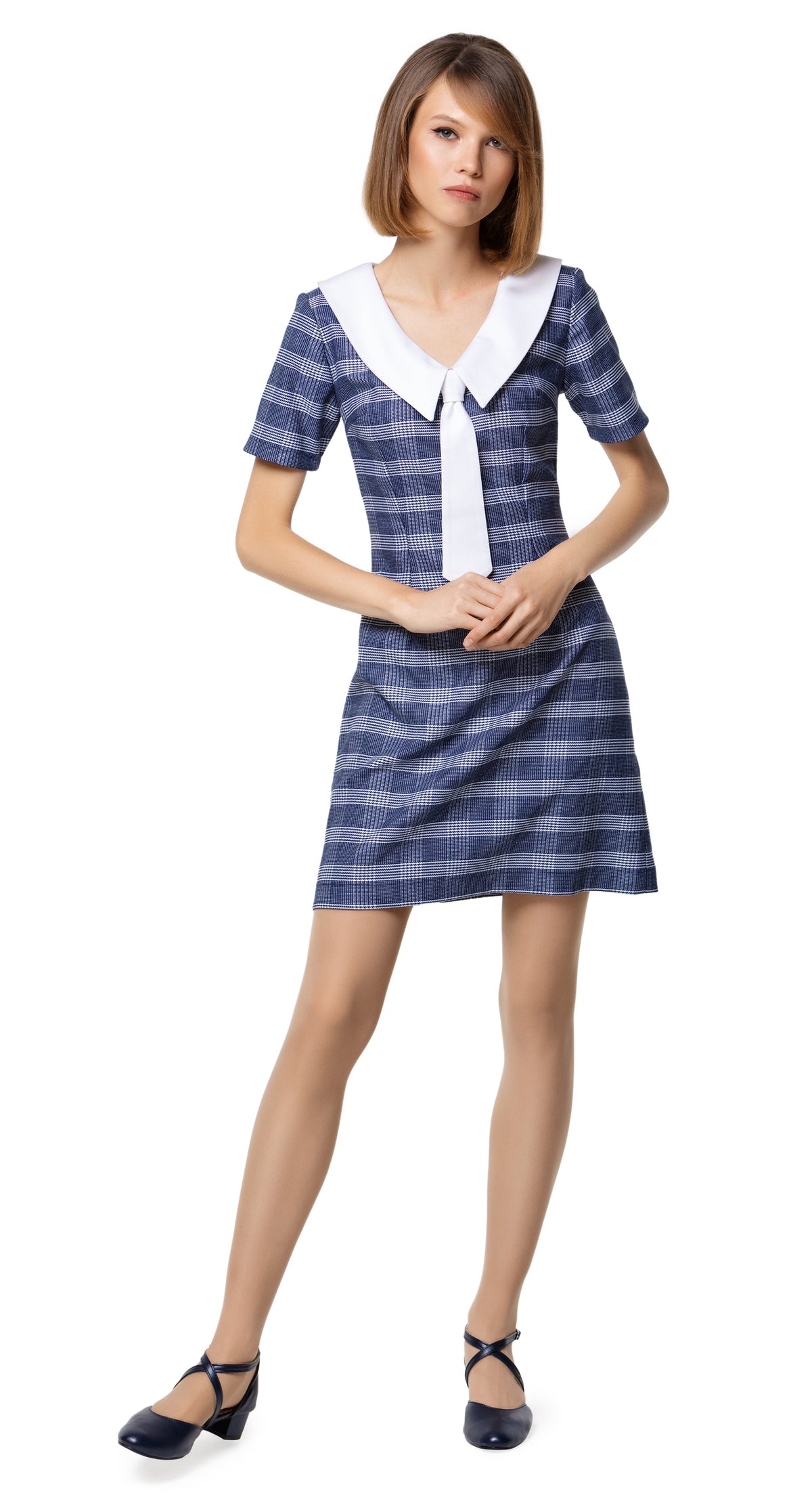 Sixties plaid uniform a-line dress with nautical style collar and detachable white decorative tie. An effortlessly impacting style from office to after hours.   Choose bespoke for made to measure sizing and customization.