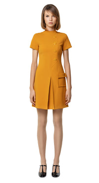 A classic sixties aesthetic; autumn dress with fitted torso, front pleat, a-line skirt, functional pocket, 5 button decorative detailing, stand away collar, beautiful topstitching & short sleeves.  Choose bespoke for any length of sleeve or hem or to alternate colour. Please feel free to contact us for colour availability.