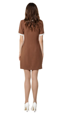 Fitted Autumn dress, drawing on a retro sport feel;  blending the style into a high fashion and very wearable autumn look.  The versatility of this style lends itself as a go-to for both day or night, office or event. A premium Spanish viscose/wool blend fabric, retro looped front zip closure, short sleeves and rounded neckline.  Choose bespoke to alternate sleeve and/or hem length.