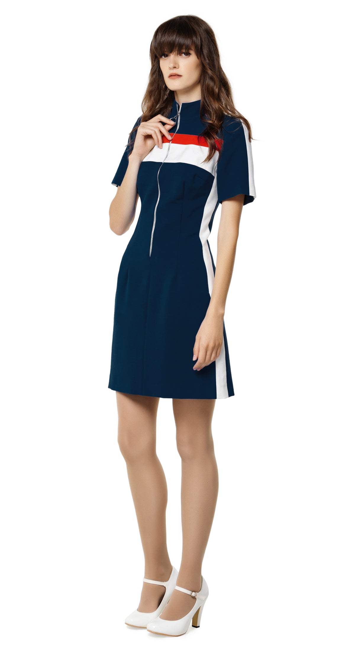 Retro Euro athletica inspired dress with circular zipper pull front closure and duo-colour panelling across the top. Casually pairs perfectly well with kicks or flats but versatile in adapting to after hours; wear with heels.   Choose bespoke to change sleeve and/or hem length and colour options.