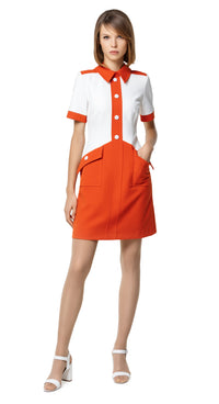 Sixties mod style, fitted autumn dress with contrasting placket & four button detailing, classic shirt collar & functional front pockets finished with contrasting trimmed sleeve cuff detail.   A timeless aesthetic for work or play & an easy on-the-fly go-to for all social occasions.