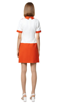 Sixties mod style, fitted autumn dress with contrasting placket & four button detailing, classic shirt collar & functional front pockets finished with contrasting trimmed sleeve cuff detail.   A timeless aesthetic for work or play & an easy on-the-fly go-to for all social occasions.