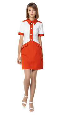Sixties mod style, fitted autumn dress with contrasting placket & four button detailing, classic shirt collar & functional front pockets finished with contrasting trimmed sleeve cuff detail.   A timeless aesthetic for work or play & an easy on-the-fly go-to for all social occasions.