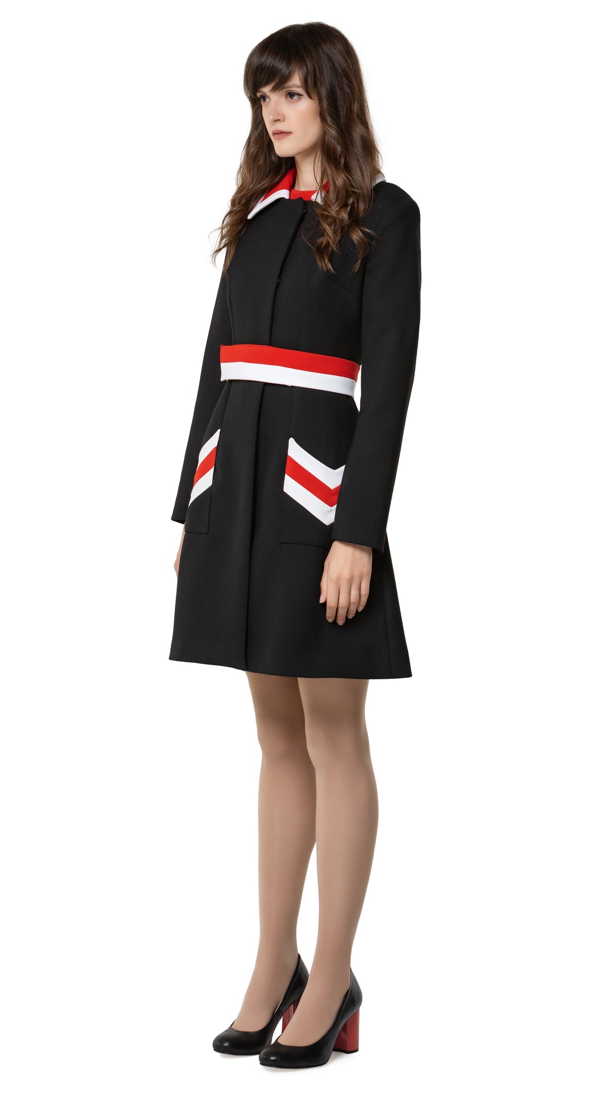 Tricolour sixties fitted autumn coat; immediately striking with bold functional, chevron front pockets and continued detailing on a classic collar with decorative belt.  Pairs perfectly as intended with our 'Mod Style Dress with Chevron Pockets' from this collection to complete a high fashion indisputably confident look.