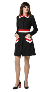 Tricolour sixties fitted autumn coat; immediately striking with bold functional, chevron front pockets and continued detailing on a classic collar with decorative belt.  Pairs perfectly as intended with our 'Mod Style Dress with Chevron Pockets' from this collection to complete a high fashion indisputably confident look.