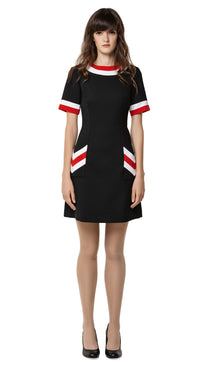 Tricolour a-line sixties autumn dress with rounded collar, red and white sleeve trim & dramatic functional chevron pockets. A go-to for all tomorrow’s parties. Pairs as intended perfectly with our 'Mod Style Coat with Chevron Pockets' from this collection or worn alone with kicks or heels to suit the moment.