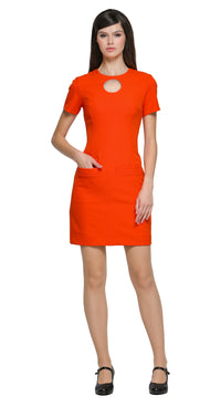 Achieve a confidence-boosting look with this versatile space age style, red fitted dress, designed to flatter all shapes and suit any season or purpose. Featuring imaginative top-stitch detailing, it showcases carpenter-style pockets. A unique circular cut-out design complements the rounded neckline, adding a modern focal point. 
The dress features a rear invisible zipper for a sleek fit and is shown here with short sleeves, though it’s available in mid to long sleeve options and customizable hem lengths. A