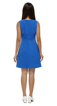 Blue dress worn by a model on a white background