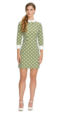 Step into timeless elegance with our Fitted, Shades of Green Floral Pattern Sixties Dress; perfect for both work and play. This dress features a charming floral pattern in shades of green, offering a delightful retro aesthetic. With three-quarter length cuffed sleeves and a classic white collar, it exudes vintage charm. 