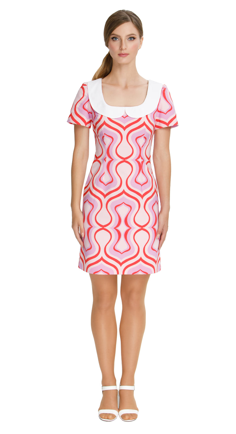 Elevate your spring wardrobe with our Sixties Style Pink/White/Purple Bold Patterned Dress with Rounded Collar dress, featuring a unique bold color pattern and rounded neckline. Made from heritage mill French cotton, this dress is perfect for any occasion.