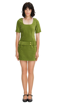 Green Velvet Dress with Gold Button Tabs