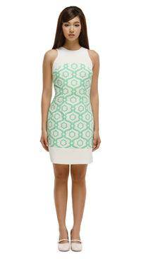 Woman wearing a green and white patterned dress on a white background