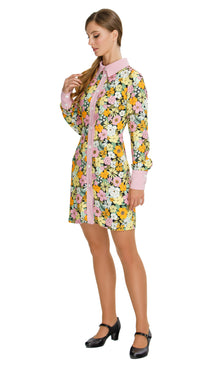 Vibrant Floral  Autumn Shirt Dress; a versatile and delightful addition to your wardrobe. This dress features a vibrant floral pattern that adds a casual elegance to your ensemble, making it perfect for both work and play. The classic pink collar, cuffs, and button down detailing provide a charming contrast against the floral backdrop.
