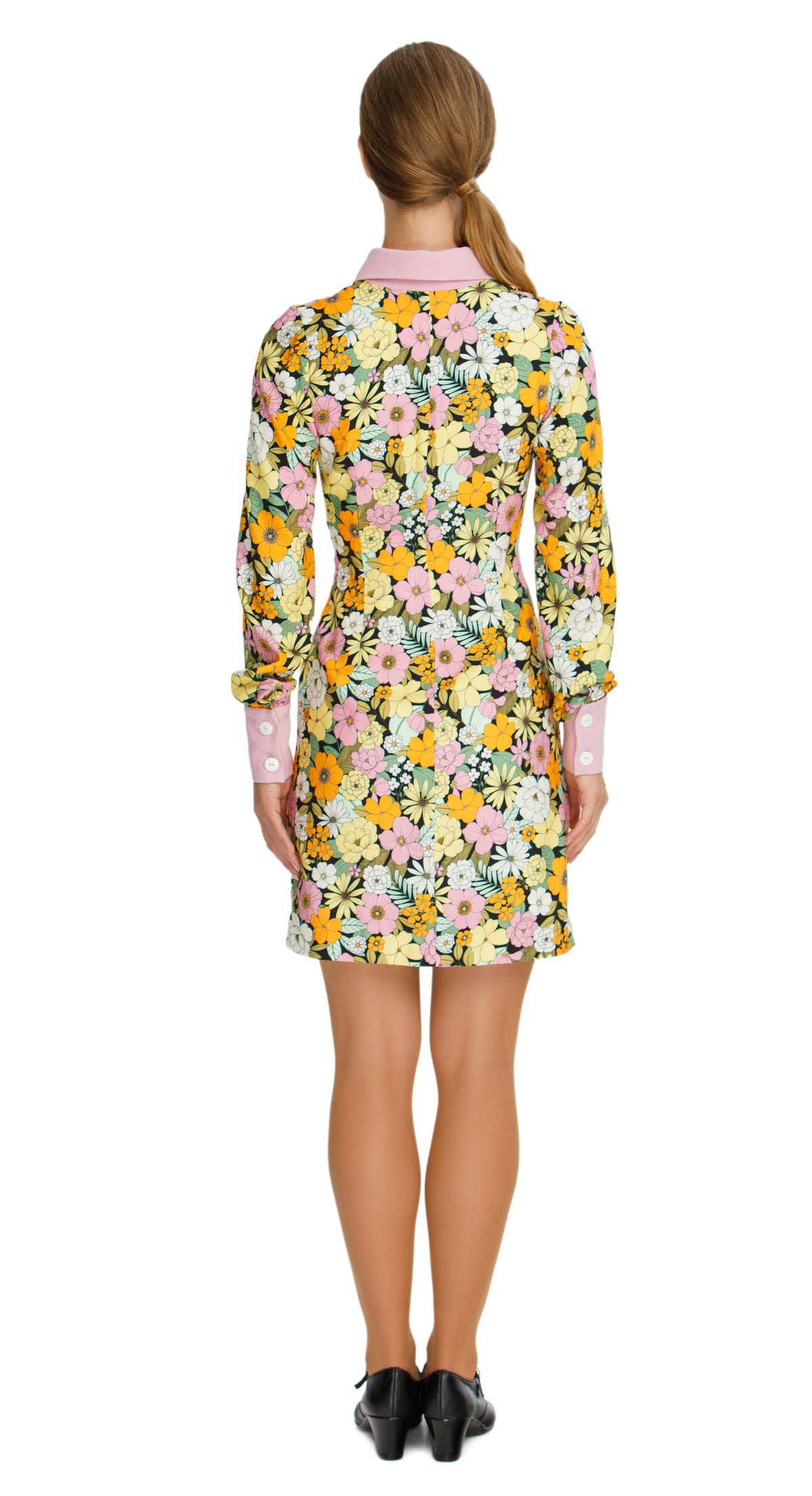 Vibrant Floral Autumn Shirt Dress with Pink Collar and Cuffs