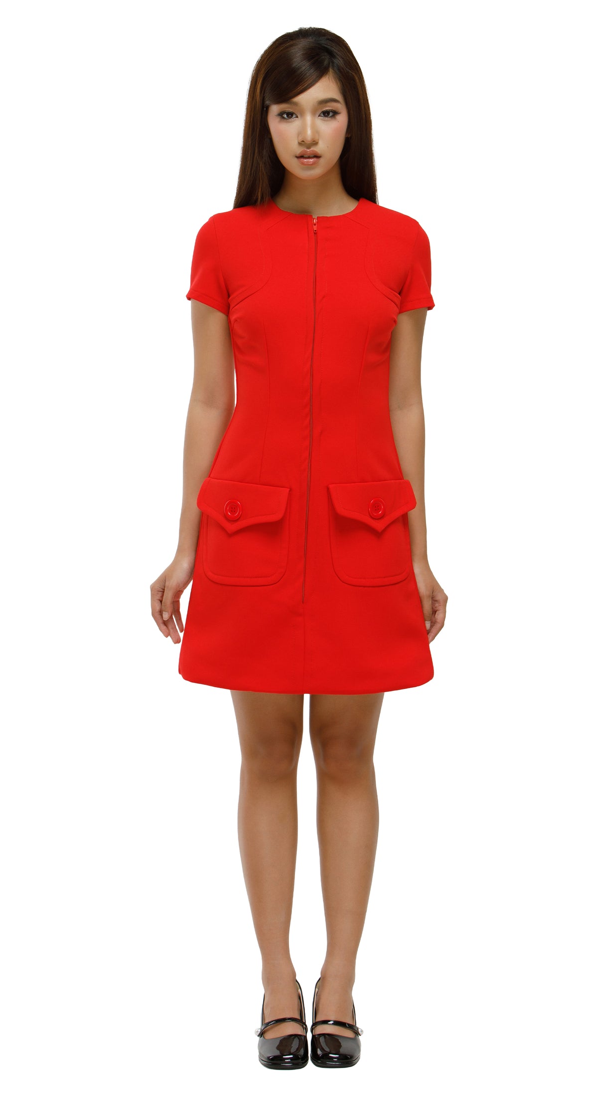 Cherry Red Zip-Front Dress with Oversized Statement Pockets