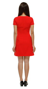 Cherry Red Zip-Front Dress with Oversized Statement Pockets