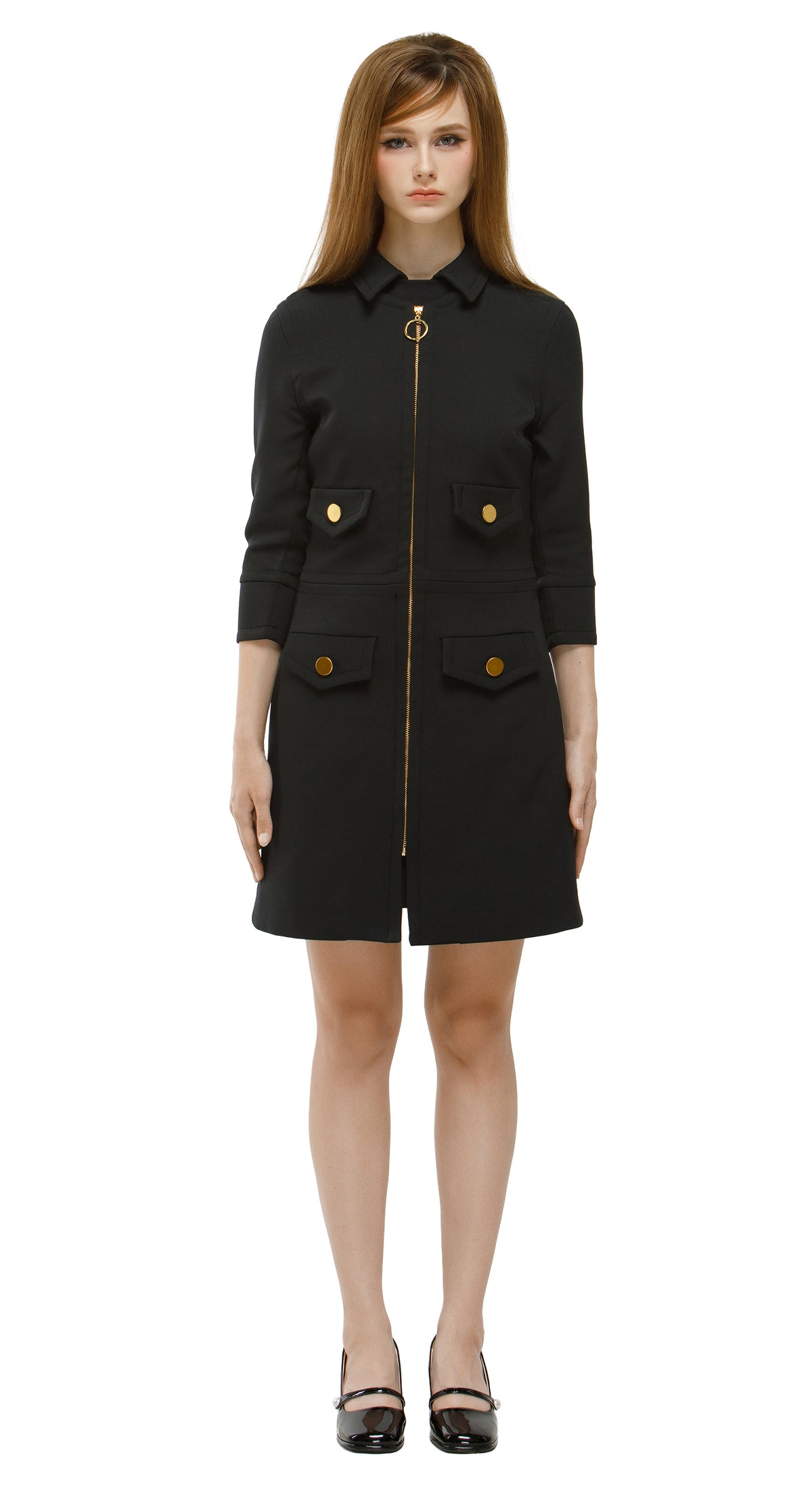 Elevate your wardrobe with this Tailored Sixties-Inspired Black Coat, a perfect blend of vintage charm and modern sophistication. Featuring a refined ’60s silhouette, clean lines, bold topstitching, and a gold ring zipper, this coat delivers timeless elegance. Discreet pockets add functional style for everyday wear.

Pair it with our Timeless Sixties-Inspired Little Black Dress for a coordinated retro outfit, or wear it solo for versatile, day-to-night fashion. Ideal for casual chic, office styling, or even