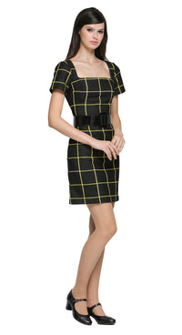 Stunning sixties-style dress in a black and yellow weave with a flattering squared, structured neckline that complements the flow of the pattern. The skirt has a slight A-line shape and is paired with an oversized, detachable black belt with a large buckle. 
It pairs perfectly with either our Yellow/Black Jacket with Square Neckline for added contrast or our Black/Yellow Coat with Square Neckline from this collection, creating an indisputably adorable, high-end autumn look. made of a heritage French mill we