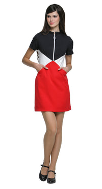An effortlessly wearable closet go-to; this casual, yet striking 1960s style, tri-colour dress is tailored for both work and play. Crafted in a bold combination of red, dark navy and white; this fitted piece holds timeless elegance with its retro-inspired front zip closure, stand-up collar, and short sleeves, lending itself to any setting. It's thoughtfully designed with discreet front pockets for both style and functionality. 
Available as shown or customizable with alternative sleeve and hem lengths for a