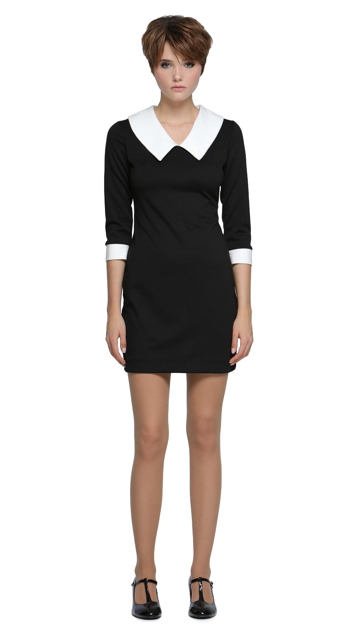 All-occasion, flattering-for-all-forms mod-style little black dress with oversized white collar and oversized big-buckle belt. Features contrast cuff detailing. Shown here with three-quarter length sleeves, but alternative sleeve options (sleeveless, short, or full) and hem lengths are available.