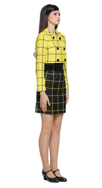 Sixties-style cropped Autumn, yellow and black grid-pattern jacket with a flat, square collar and six black button details. A versatile piece to pair with a plain skirt or pants, but it pairs perfectly with our Black/Yellow Dress with Square Neckline from this collection, offering a chic, wearable option for both leisure and professional engagements. Made from a French heritage mill weave.