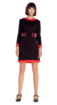 This black medium weight Italian jersey dress, with a punch of cool colour on the collar, trim has a timeless retro feeling aesthetic. A mod sixties style fit, very wearable at work or play. Comfortable jersey provides some stretch.  Finished with 2 buckle belt detail and back zipper. Available in black/red as well as black/light cream jersey.
