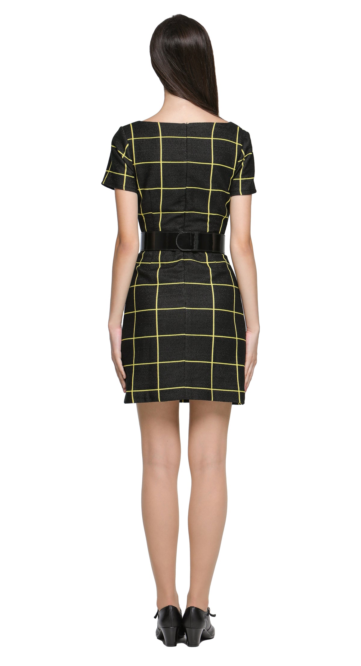 Stunning sixties-style dress in a black and yellow weave with a flattering squared, structured neckline that complements the flow of the pattern. The skirt has a slight A-line shape and is paired with an oversized, detachable black belt with a large buckle. 
It pairs perfectly with either our Yellow/Black Jacket with Square Neckline for added contrast or our Black/Yellow Coat with Square Neckline from this collection, creating an indisputably adorable, high-end autumn look. made of a heritage French mill we