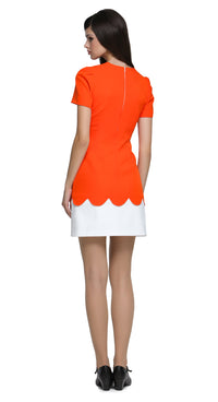 Achieve an easy to reach for stunning look with this fitted vibrant retro event dress, featuring subtle white bow detailing over a neckline cutout. The bold orange torso leads to beautifully crafted top-stitch finished scalloped detail, complemented by a short white skirt. This versatile piece suits heels for an elegant night out but also lends itself perfectly to flats and kicks for a more casual vibe.
Available in alternative sleeve and hem lengths, as well as a variety of colors, this dress is designed t