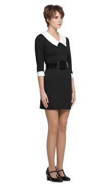All-occasion, flattering-for-all-forms mod-style little black dress with oversized white collar and oversized big-buckle belt. Features contrast cuff detailing. Shown here with three-quarter length sleeves, but alternative sleeve options (sleeveless, short, or full) and hem lengths are available.