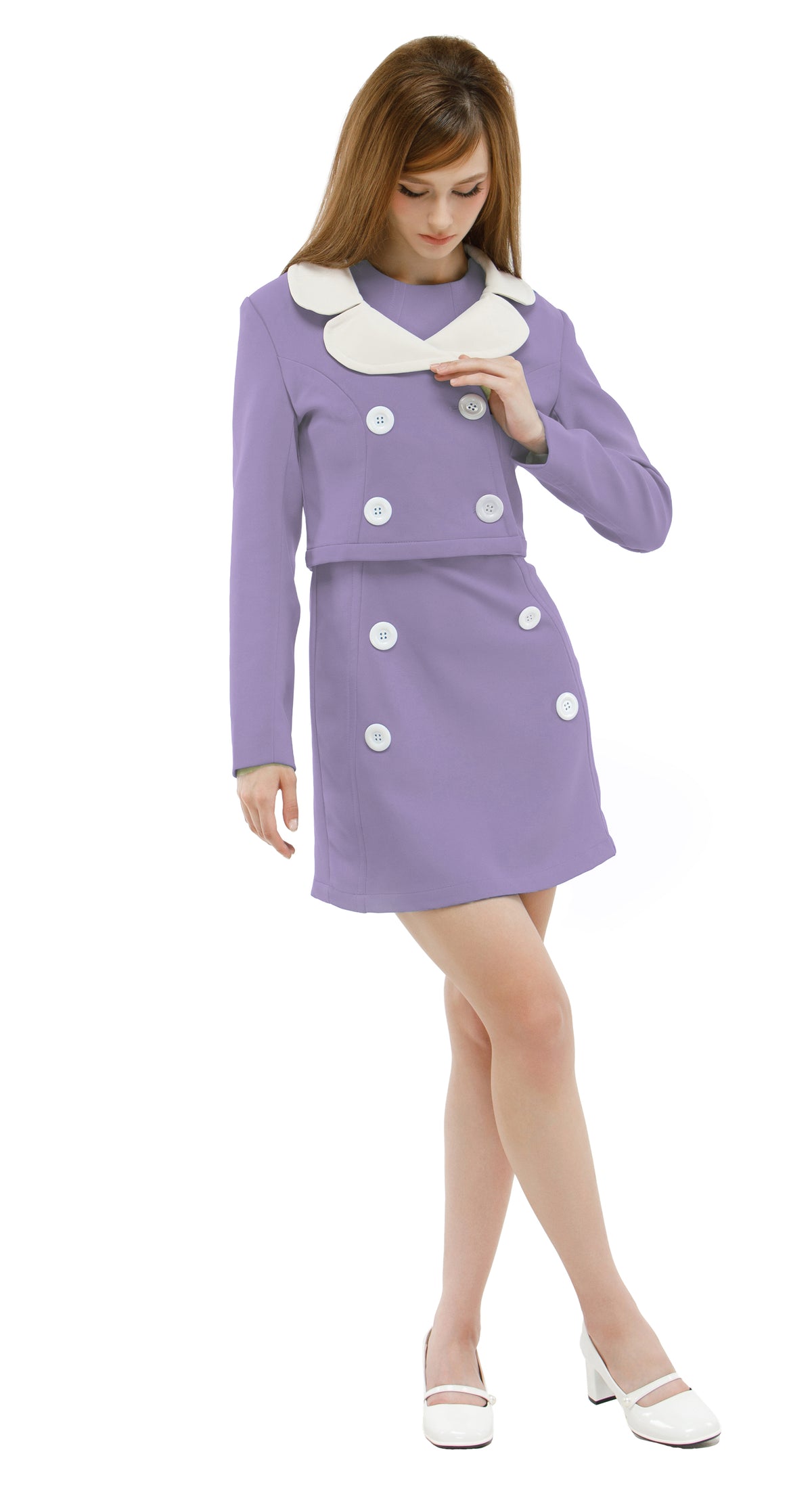 Mod lavender/white dress/jacket set worn by a model on a white background