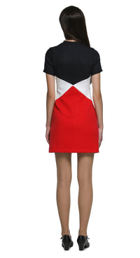 An effortlessly wearable closet go-to; this casual, yet striking 1960s style, tri-colour dress is tailored for both work and play. Crafted in a bold combination of red, dark navy and white; this fitted piece holds timeless elegance with its retro-inspired front zip closure, stand-up collar, and short sleeves, lending itself to any setting. It's thoughtfully designed with discreet front pockets for both style and functionality. 
Available as shown or customizable with alternative sleeve and hem lengths for a