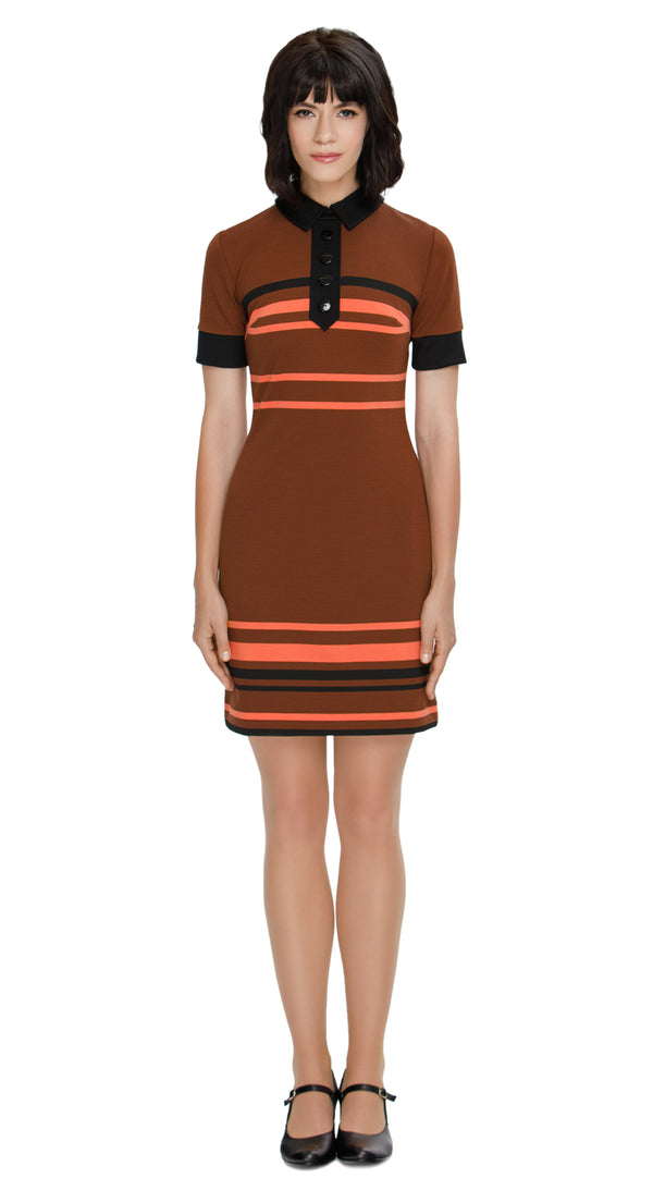 Step into the seventies with our Fitted Jersey All Occasion Dress, featuring brown hues, retro striping, and striking black details. This dress showcases a classic golf shirting collar, button-down neck, and short sleeves for a touch of vintage charm. Its incredible comfort and effortless style make it the ideal choice for seamlessly transitioning from the office to a memorable night out. Discover confidence and elegance in this chic autumn weather ensemble.