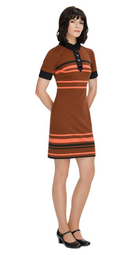 Step into the seventies with our Fitted Jersey All Occasion Dress, featuring brown hues, retro striping, and striking black details. This dress showcases a classic golf shirting collar, button-down neck, and short sleeves for a touch of vintage charm. Its incredible comfort and effortless style make it the ideal choice for seamlessly transitioning from the office to a memorable night out. Discover confidence and elegance in this chic autumn weather ensemble.