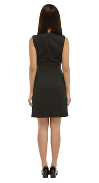 Black sleeveless dress worn by a model on a white background