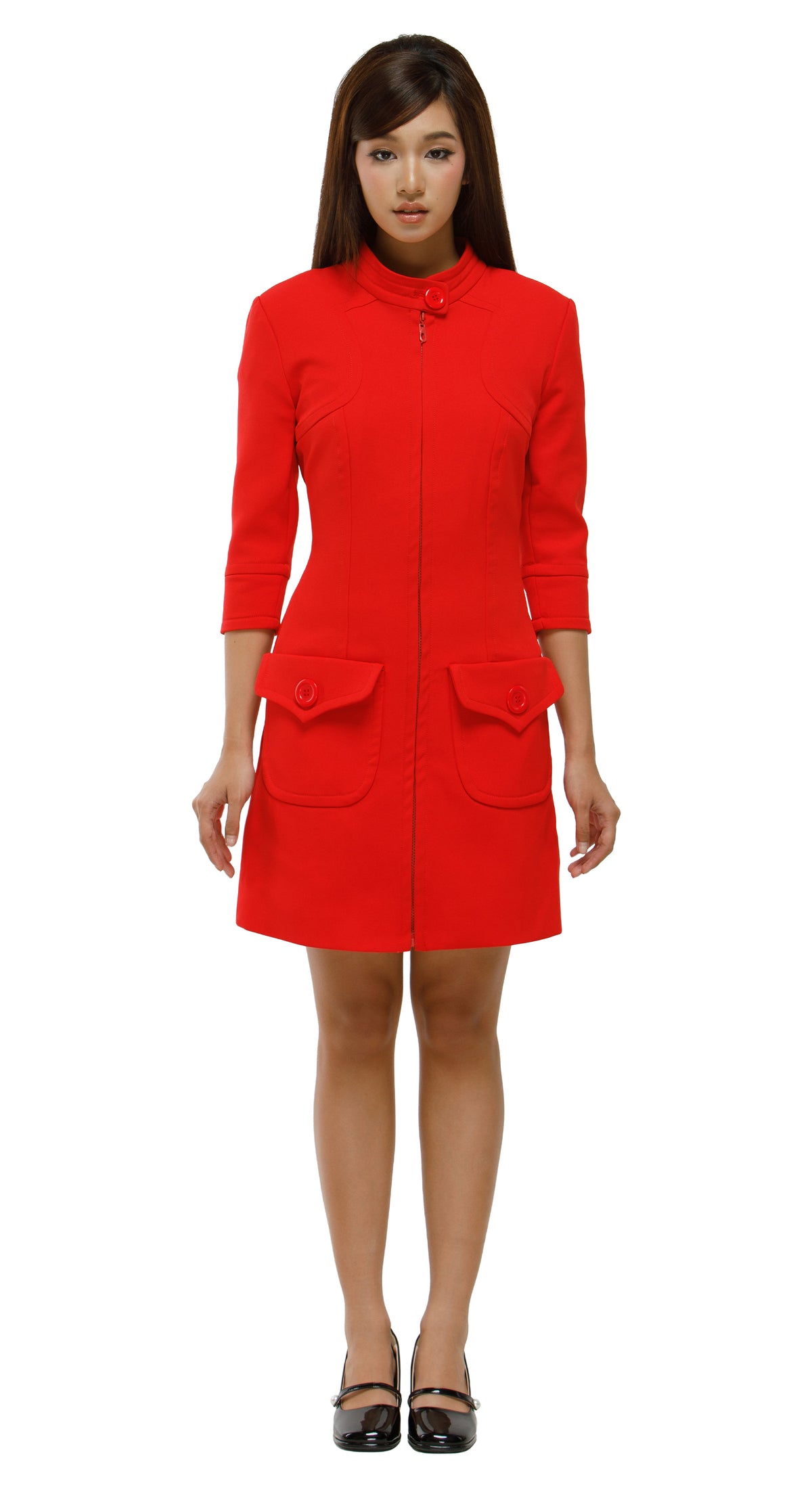 Woman wearing a red dress with a white background